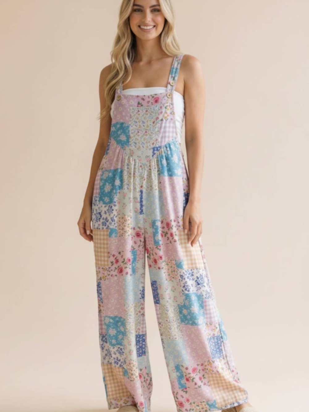 Patchwork Floral Wide-Leg Jumpsuit - Pink & Blue